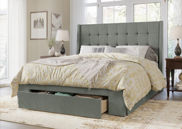 Home Design Pamela Tufted Velvet Upholstered Storage Panel Bed Frame, Wingback Headboard with Geometric Button Tufting – Modern Bedroom Furniture