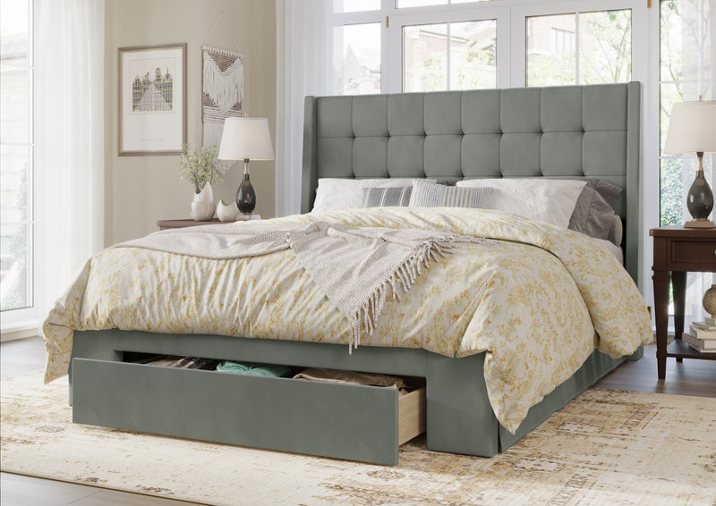 Home Design Pamela Tufted Velvet Upholstered Storage Panel Bed Frame, Wingback Headboard with Geometric Button Tufting – Modern Bedroom Furniture