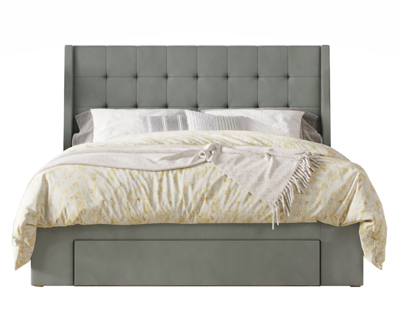 Home Design Pamela Tufted Velvet Upholstered Storage Panel Bed Frame, Wingback Headboard with Geometric Button Tufting – Modern Bedroom Furniture