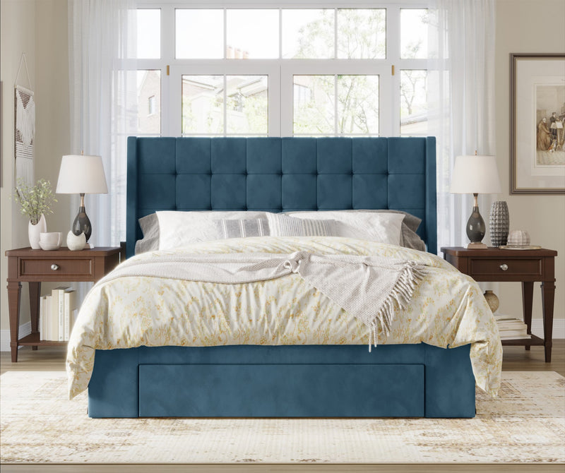 Home Design Pamela Tufted Velvet Upholstered Storage Panel Bed Frame, Wingback Headboard with Geometric Button Tufting – Modern Bedroom Furniture