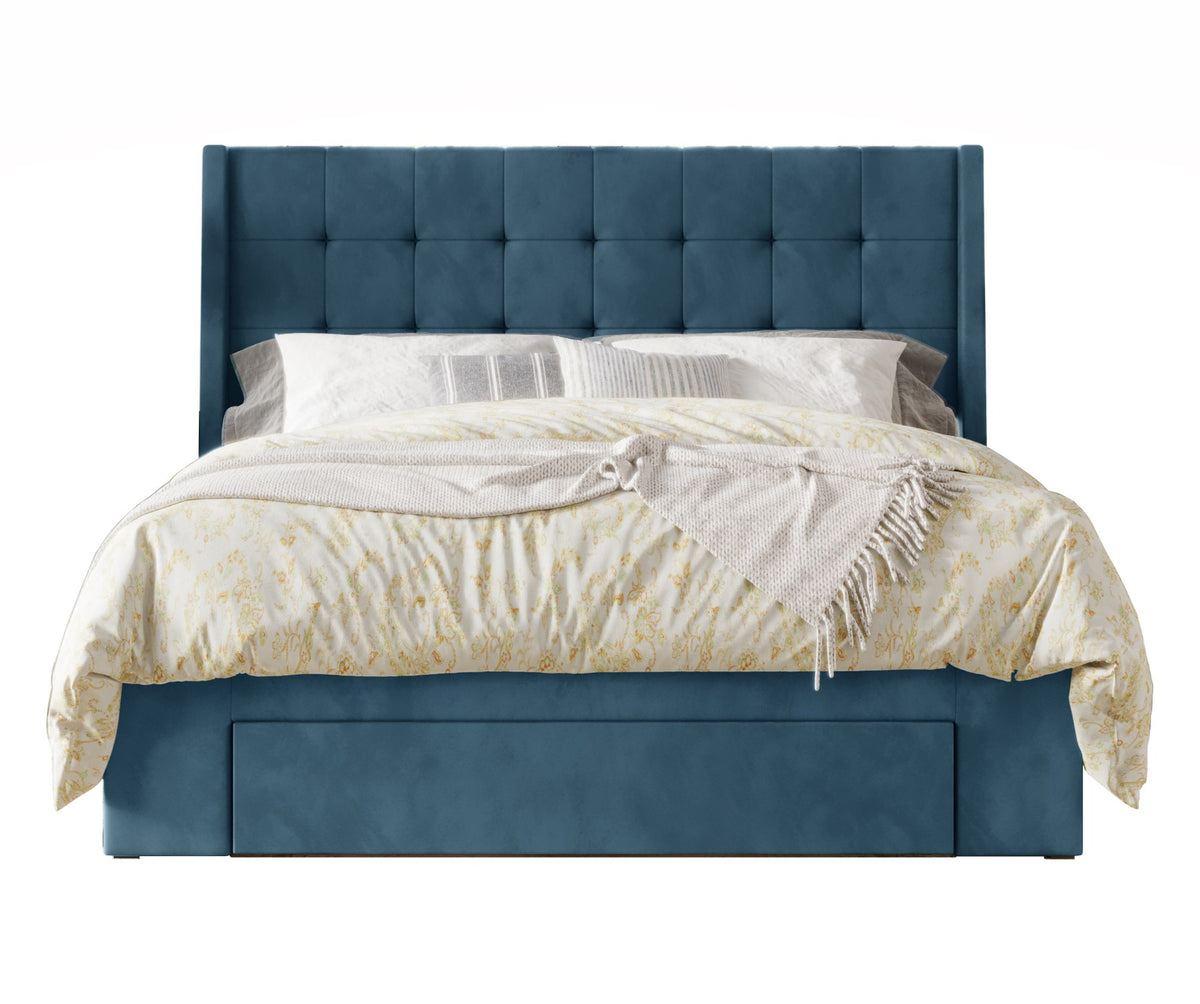 Home Design Pamela Tufted Velvet Upholstered Storage Panel Bed Frame, Wingback Headboard with Geometric Button Tufting – Modern Bedroom Furniture