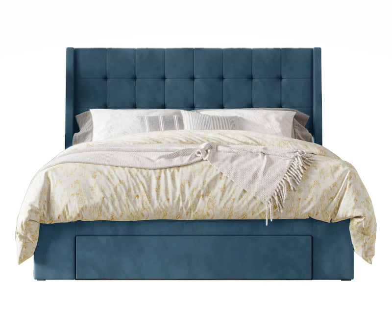 Home Design Pamela Tufted Velvet Upholstered Storage Panel Bed Frame, Wingback Headboard with Geometric Button Tufting – Modern Bedroom Furniture