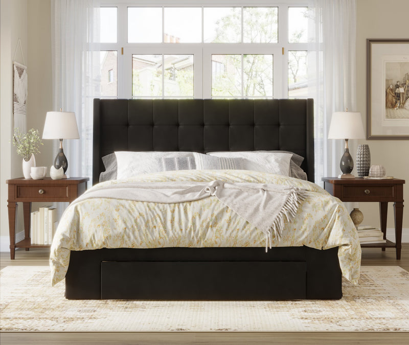 Home Design Pamela Tufted Velvet Upholstered Storage Panel Bed Frame, Wingback Headboard with Geometric Button Tufting – Modern Bedroom Furniture