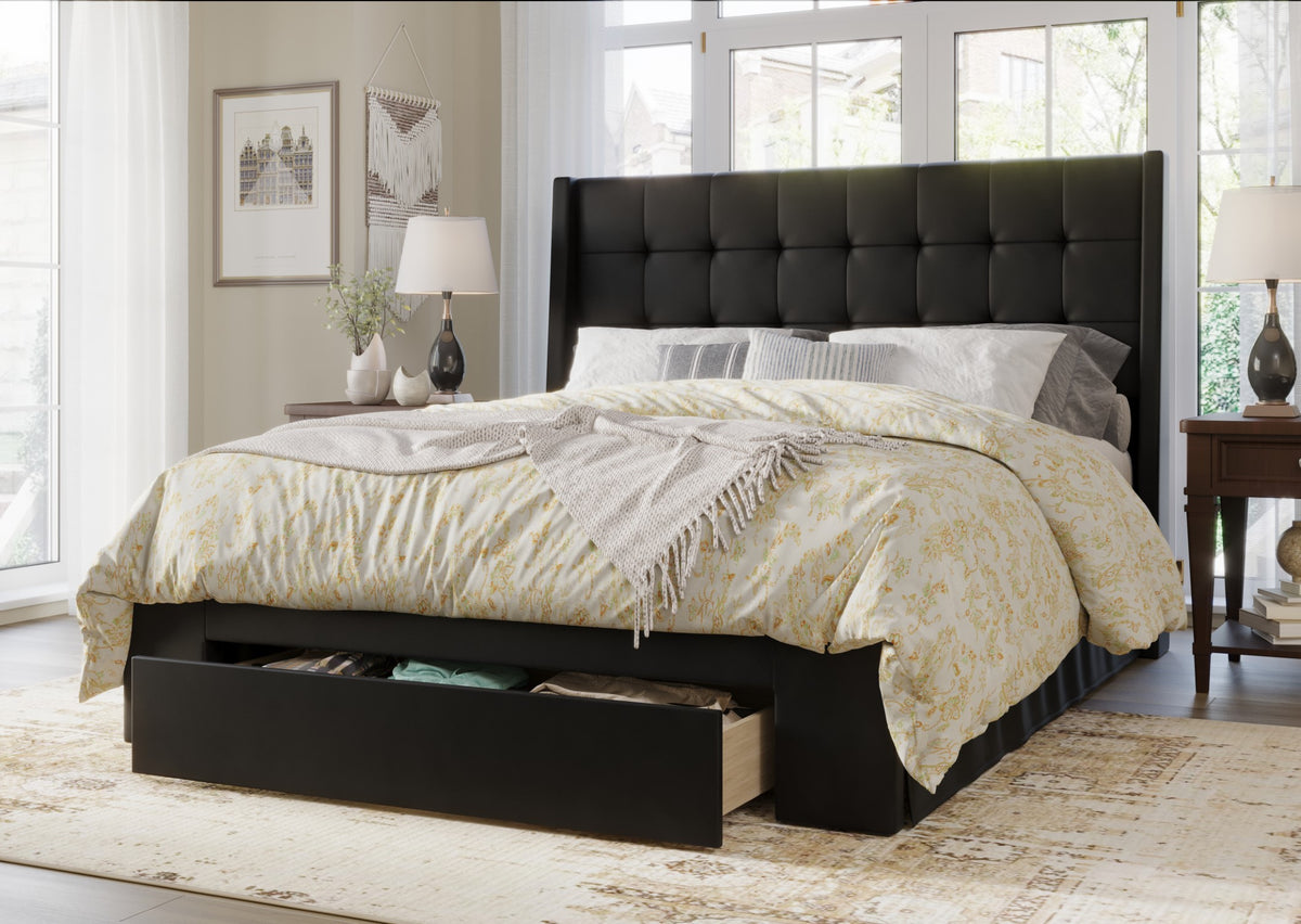 Home Design Pamela Tufted Velvet Upholstered Storage Panel Bed Frame, Wingback Headboard with Geometric Button Tufting – Modern Bedroom Furniture