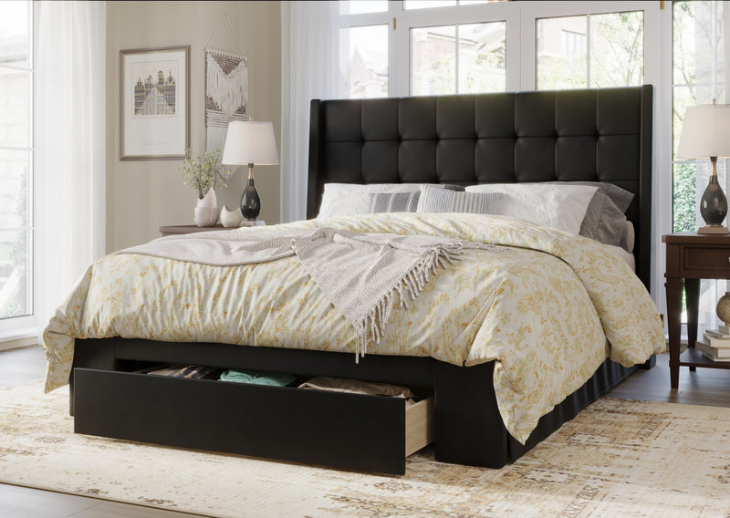 Home Design Pamela Tufted Velvet Upholstered Storage Panel Bed Frame, Wingback Headboard with Geometric Button Tufting – Modern Bedroom Furniture
