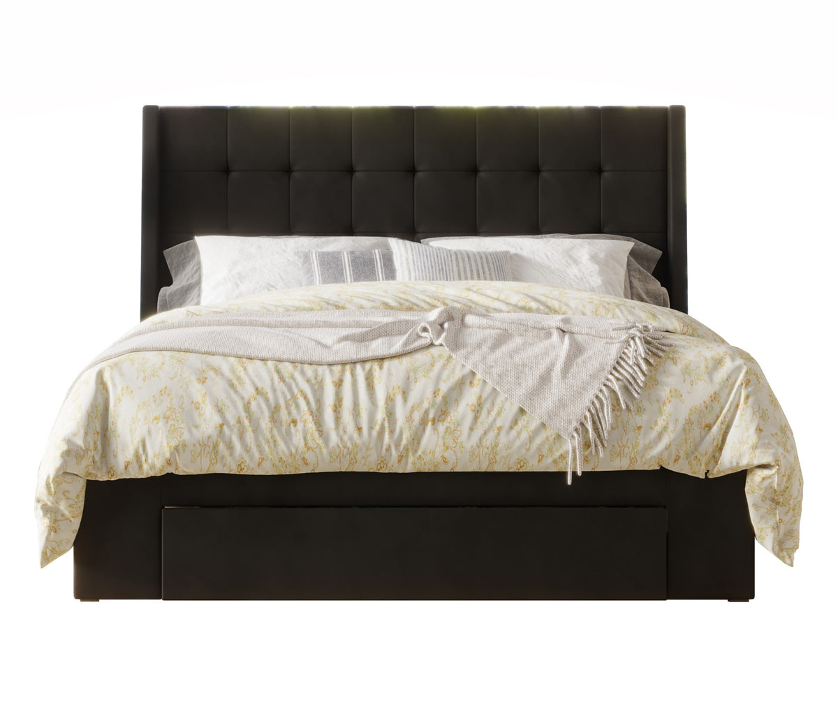 Home Design Pamela Tufted Velvet Upholstered Storage Panel Bed Frame, Wingback Headboard with Geometric Button Tufting – Modern Bedroom Furniture