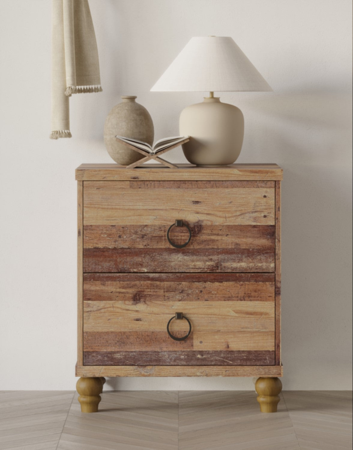 Home Design Jethro 2-Drawer Nightstand for Adults, Vintage Oak Finish, Rustic Wood Look Bedroom Storage Table