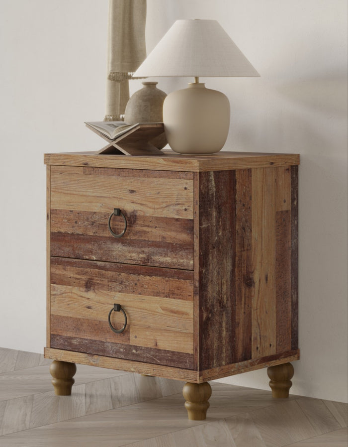 Home Design Jethro 2-Drawer Nightstand for Adults, Vintage Oak Finish, Rustic Wood Look Bedroom Storage Table