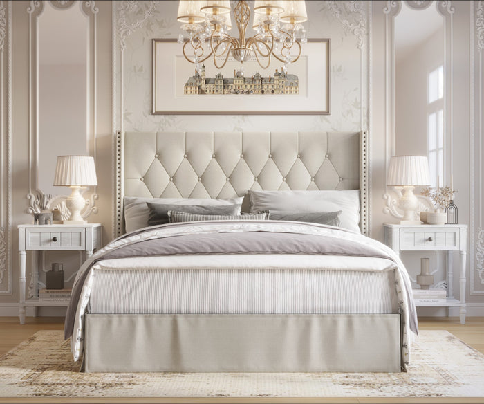 Home Design Billy Upholstered Panel Bed Frame with 2 Nightstands, Warm Gray/Light Gray