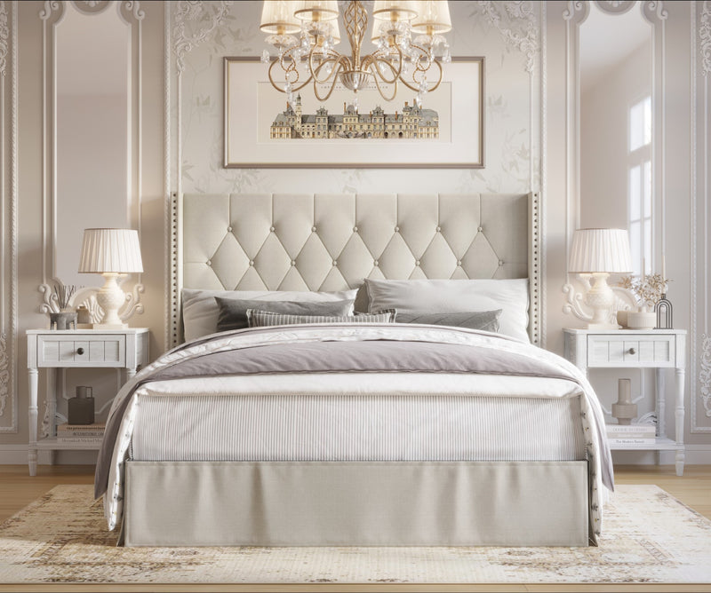 Home Design Billy Upholstered Panel Bed Frame with 2 Nightstands, Warm Gray/Light Gray
