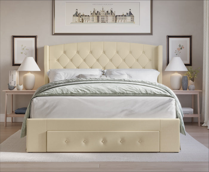 Home Design Fauna Tufted Upholstered Storage Panel Bed Frame, Beige