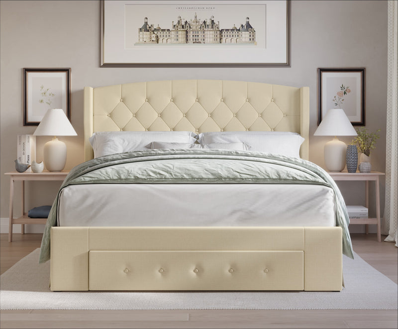 Home Design Fauna Tufted Upholstered Storage Panel Bed Frame, Beige