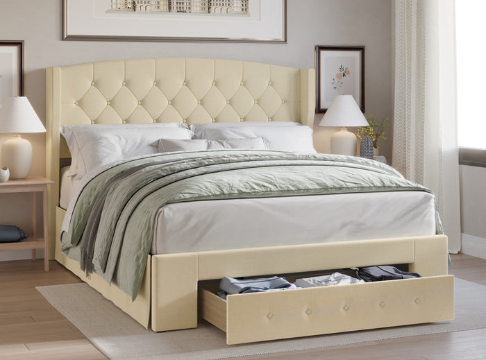 Home Design Fauna Tufted Upholstered Storage Panel Bed Frame, Beige