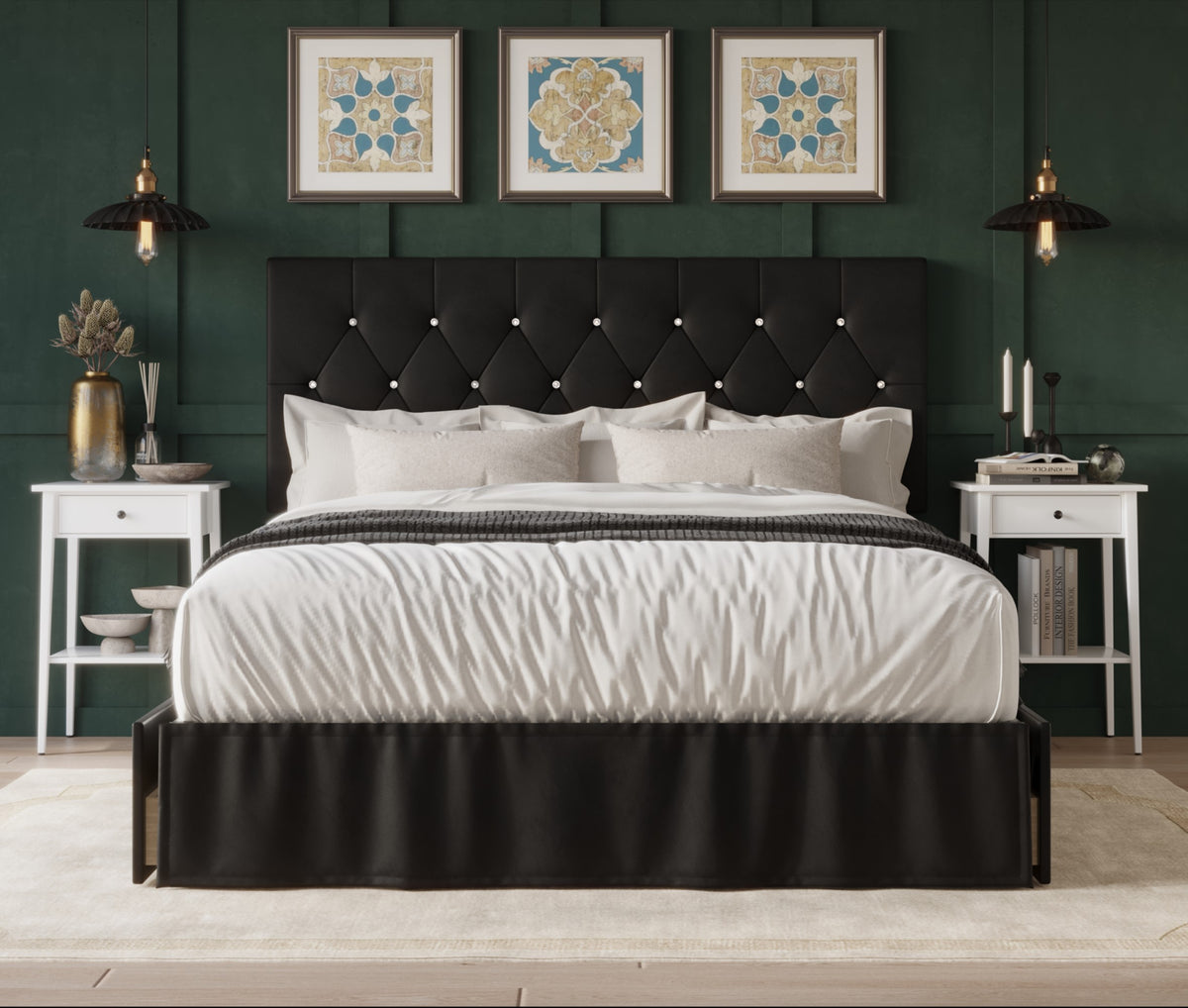 Home Design Jovita Tufted Upholstered Storage Panel Bed Frame for Adults, Easy Assemble