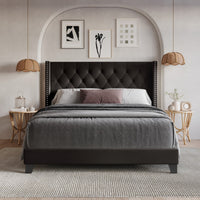 Home Design Homer Button-Tufted Wingback Upholstered Panel Bed Frame with Nailhead Trim design for Adult, Easy Assembly