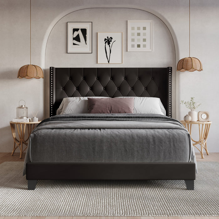 Home Design Homer Button-Tufted Wingback Upholstered Panel Bed Frame with Nailhead Trim design for Adult, Easy Assembly