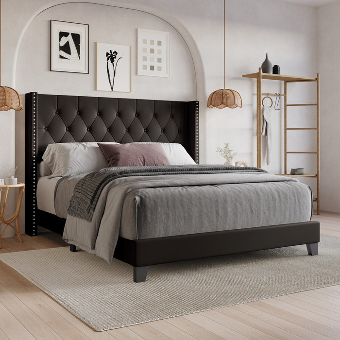 Home Design Homer Button-Tufted Wingback Upholstered Panel Bed Frame with Nailhead Trim design for Adult, Easy Assembly
