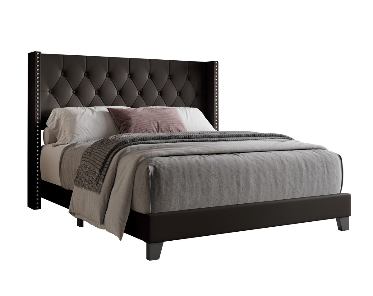 Home Design Homer Button-Tufted Wingback Upholstered Panel Bed Frame with Nailhead Trim design for Adult, Easy Assembly