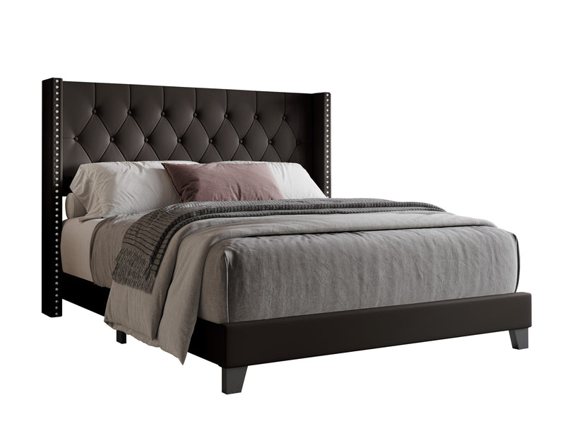 Home Design Homer Button-Tufted Wingback Upholstered Panel Bed Frame with Nailhead Trim design for Adult, Easy Assembly