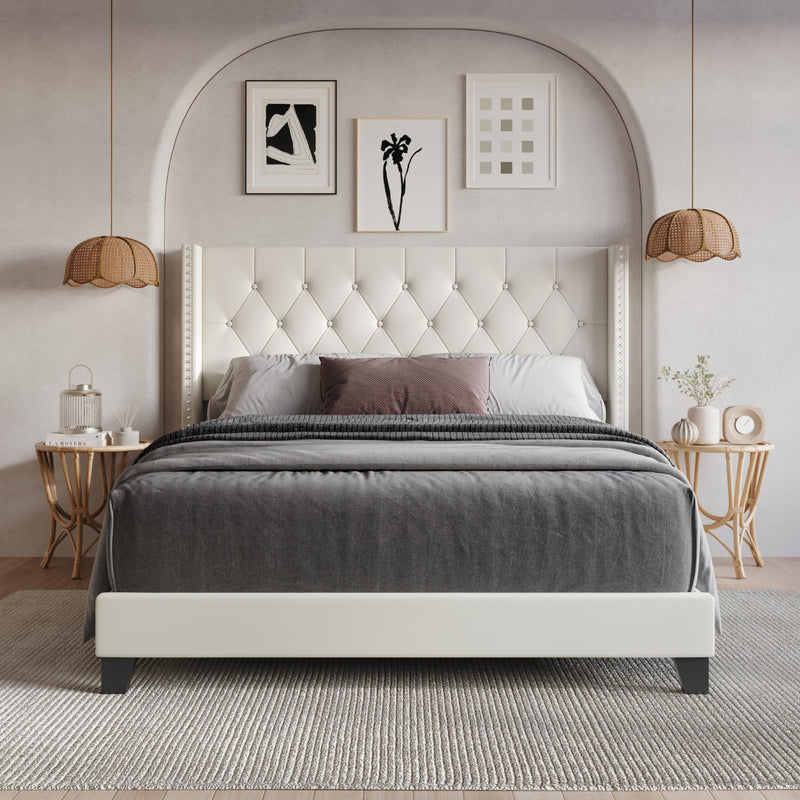 Home Design Homer Button-Tufted Wingback Upholstered Panel Bed Frame with Nailhead Trim design for Adult, Easy Assembly