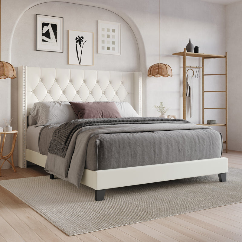 Home Design Homer Button-Tufted Wingback Upholstered Panel Bed Frame with Nailhead Trim design for Adult, Easy Assembly