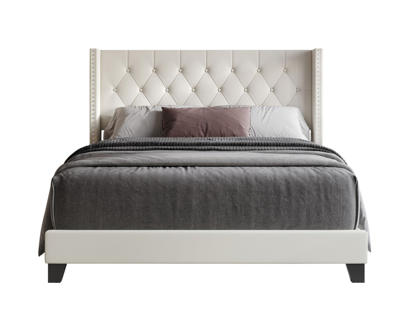 Home Design Homer Button-Tufted Wingback Upholstered Panel Bed Frame with Nailhead Trim design for Adult, Easy Assembly