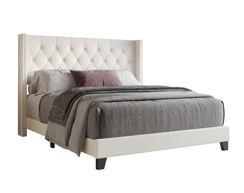 Home Design Homer Button-Tufted Wingback Upholstered Panel Bed Frame with Nailhead Trim design for Adult, Easy Assembly