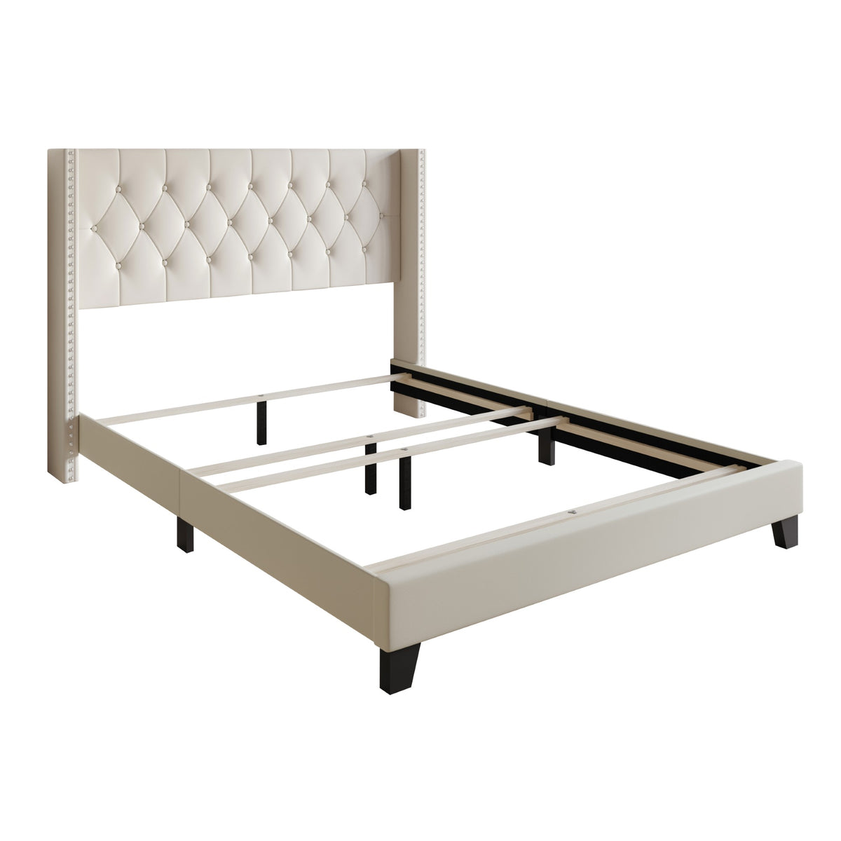 Home Design Homer Button-Tufted Wingback Upholstered Panel Bed Frame with Nailhead Trim design for Adult, Easy Assembly
