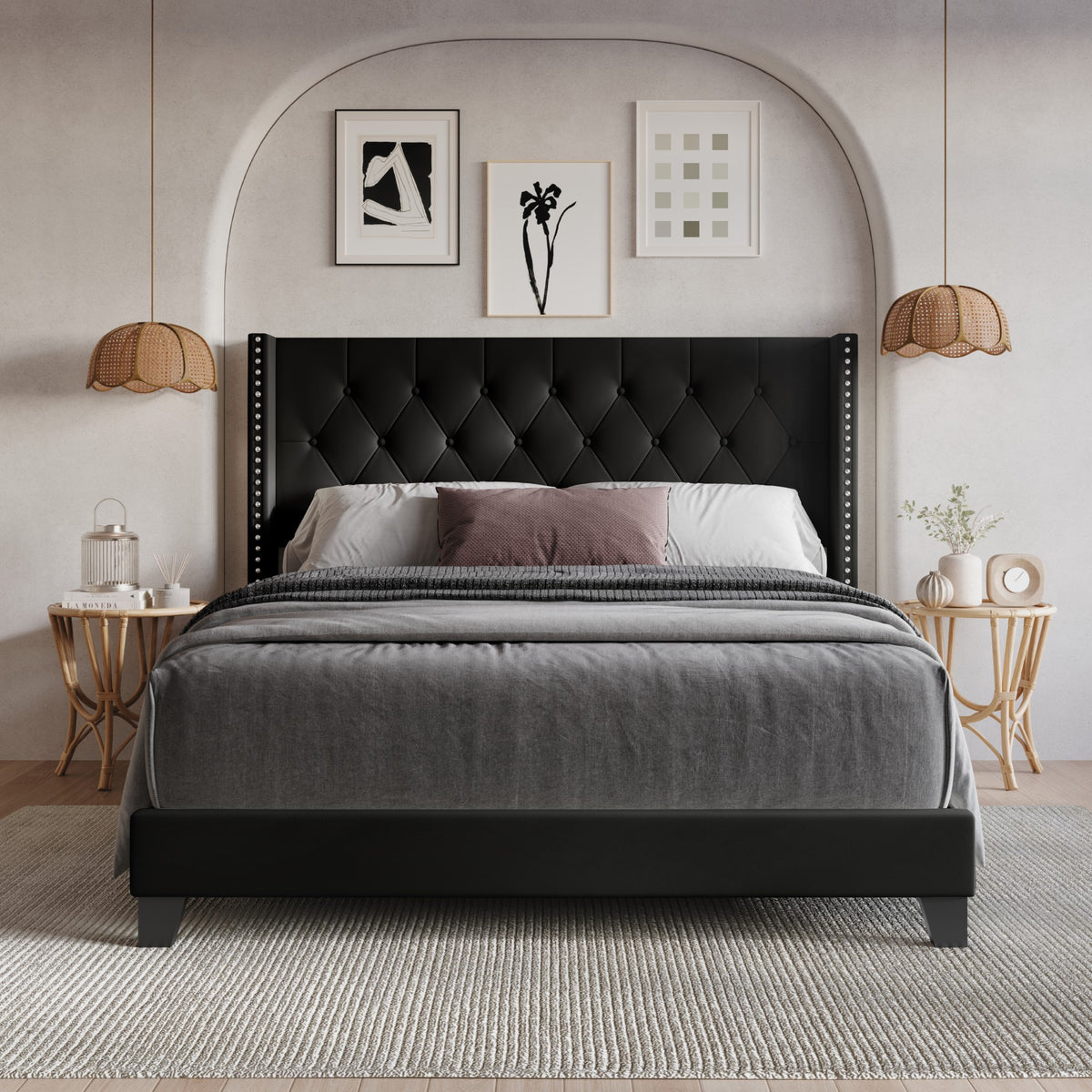 Home Design Homer Button-Tufted Wingback Upholstered Panel Bed Frame with Nailhead Trim design for Adult, Easy Assembly