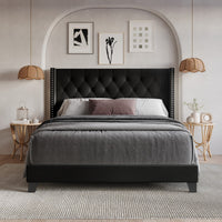 Home Design Homer Button-Tufted Wingback Upholstered Panel Bed Frame with Nailhead Trim design for Adult, Easy Assembly