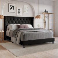 Home Design Homer Button-Tufted Wingback Upholstered Panel Bed Frame with Nailhead Trim design for Adult, Easy Assembly