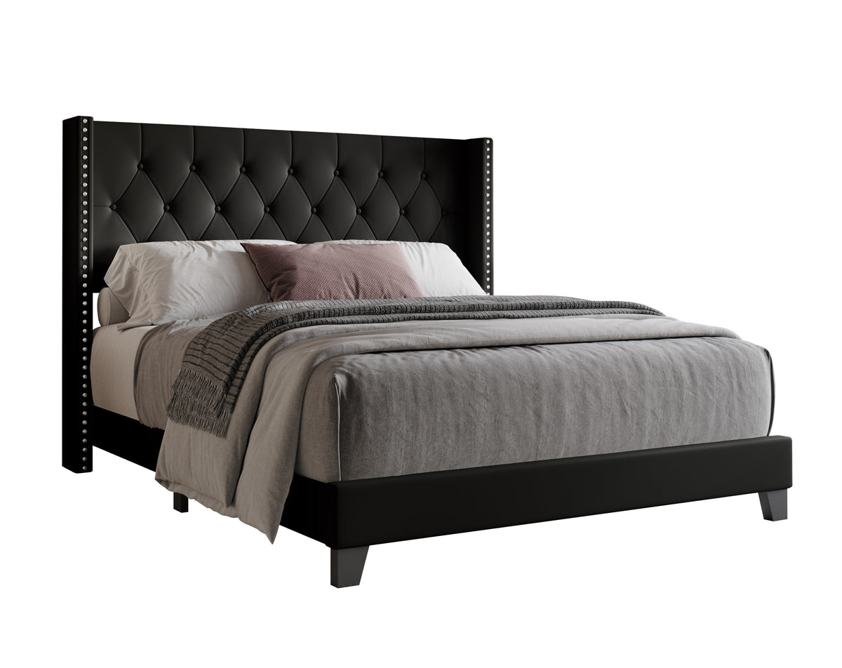 Home Design Homer Button-Tufted Wingback Upholstered Panel Bed Frame with Nailhead Trim design for Adult, Easy Assembly