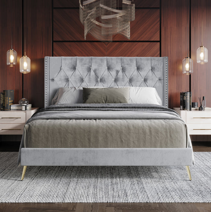 Home Design Homer Diamond Tufted and Nailhead Trim Velvet Wingback Platform Bed Frame for Adult
