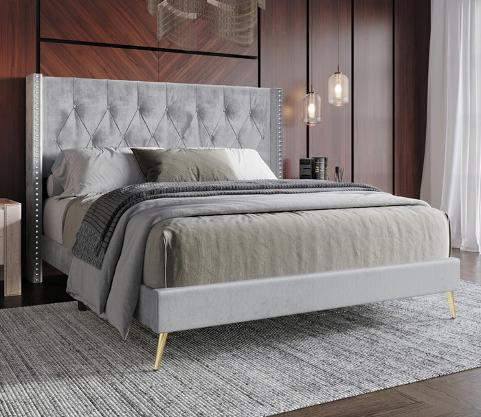 Home Design Homer Diamond Tufted and Nailhead Trim Velvet Wingback Platform Bed Frame for Adult