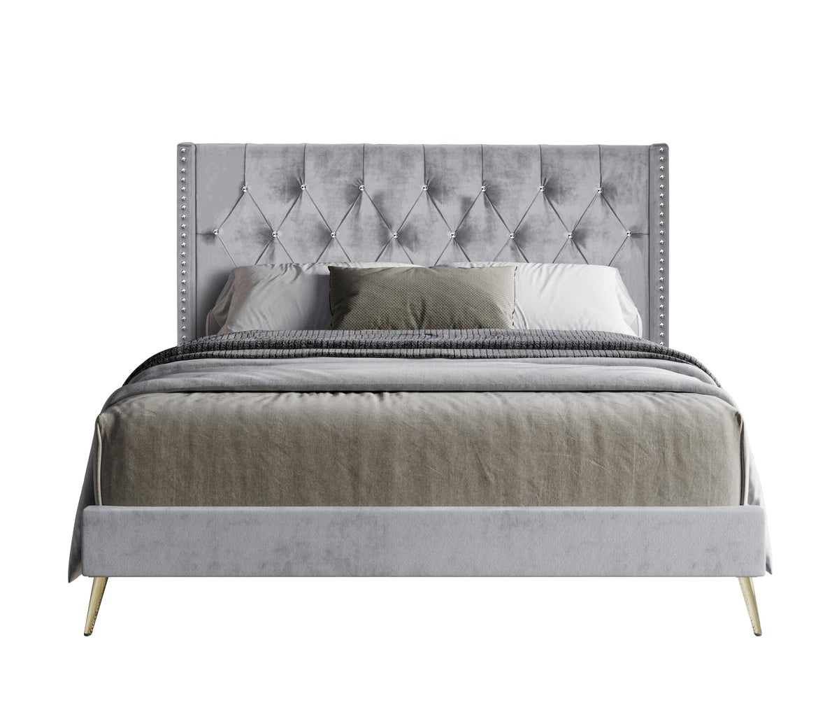 Home Design Homer Diamond Tufted and Nailhead Trim Velvet Wingback Platform Bed Frame for Adult
