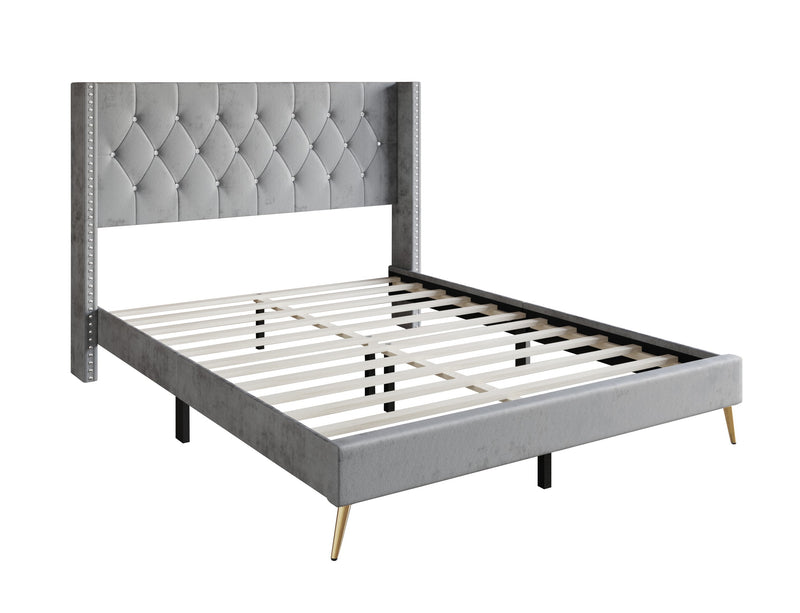 Home Design Homer Diamond Tufted and Nailhead Trim Velvet Wingback Platform Bed Frame for Adult