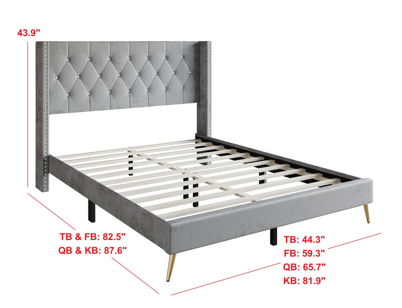 Home Design Homer Diamond Tufted and Nailhead Trim Velvet Wingback Platform Bed Frame for Adult