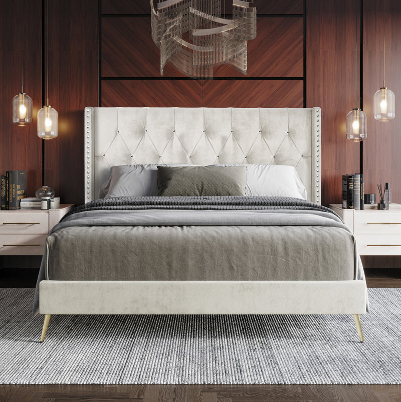 Home Design Homer Diamond Tufted and Nailhead Trim Velvet Wingback Platform Bed Frame for Adult