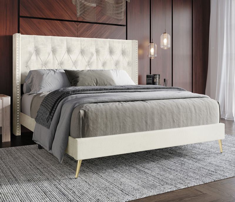 Home Design Homer Diamond Tufted and Nailhead Trim Velvet Wingback Platform Bed Frame for Adult