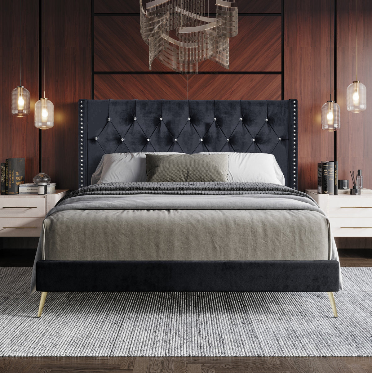 Home Design Homer Diamond Tufted and Nailhead Trim Velvet Wingback Platform Bed Frame for Adult