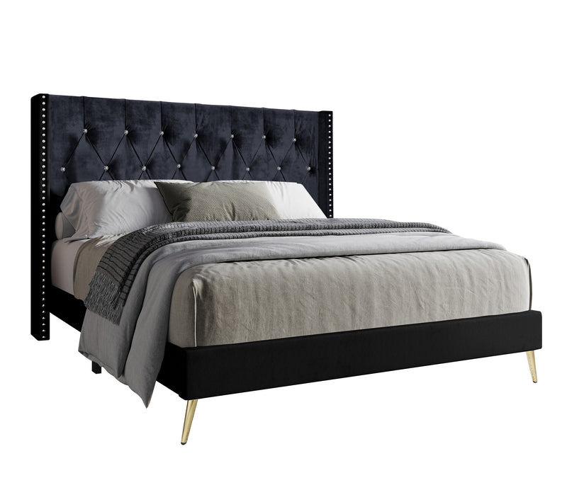 Home Design Homer Diamond Tufted and Nailhead Trim Velvet Wingback Platform Bed Frame for Adult