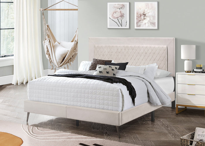 Home Design Lattice Upholstered Panel Bed Frame, Light Gray