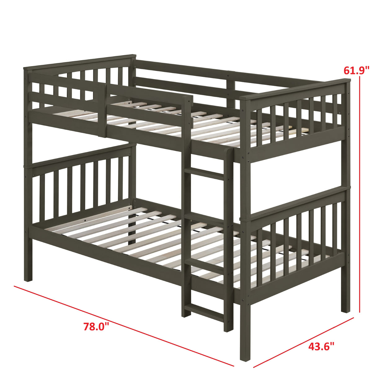 Home Design Ames Twin Over Twin Solid Wood Bunk Bed Frame, Convertible, Sturdy Guardrails, Easy Assembly