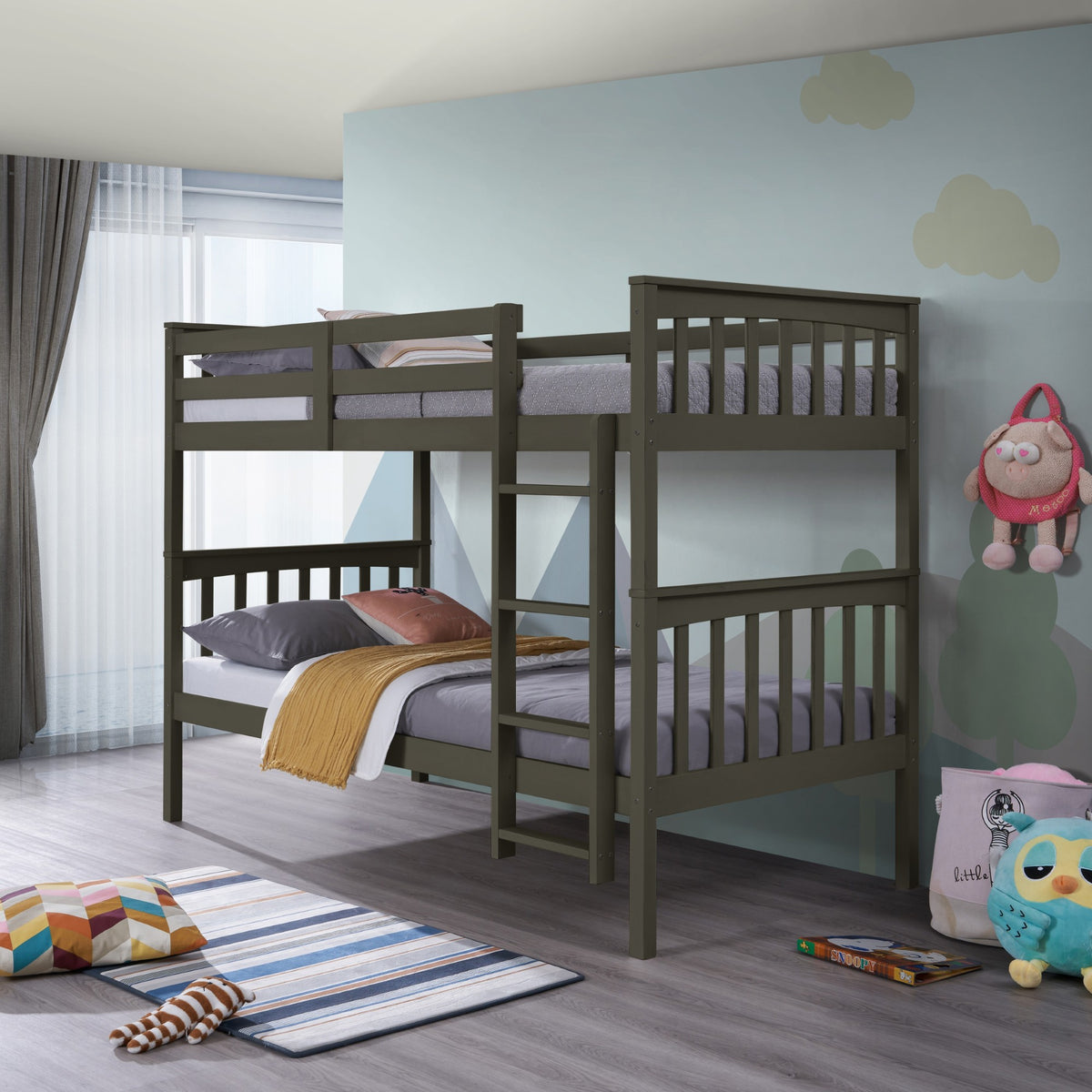 Home Design Ames Twin Over Twin Solid Wood Bunk Bed Frame, Convertible, Sturdy Guardrails, Easy Assembly