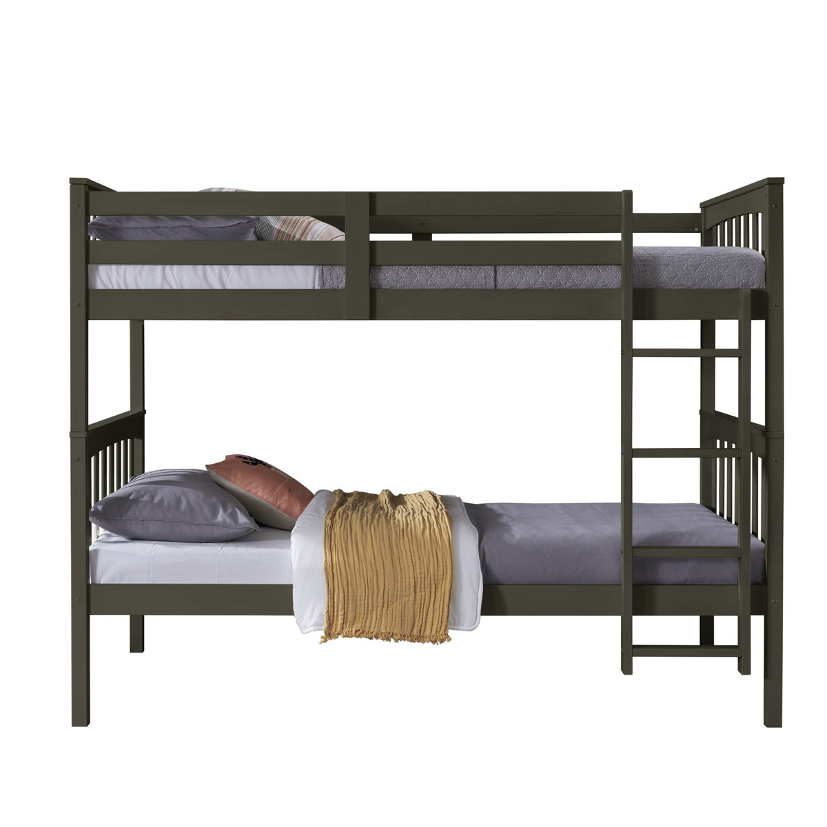 Home Design Ames Twin Over Twin Solid Wood Bunk Bed Frame, Convertible, Sturdy Guardrails, Easy Assembly