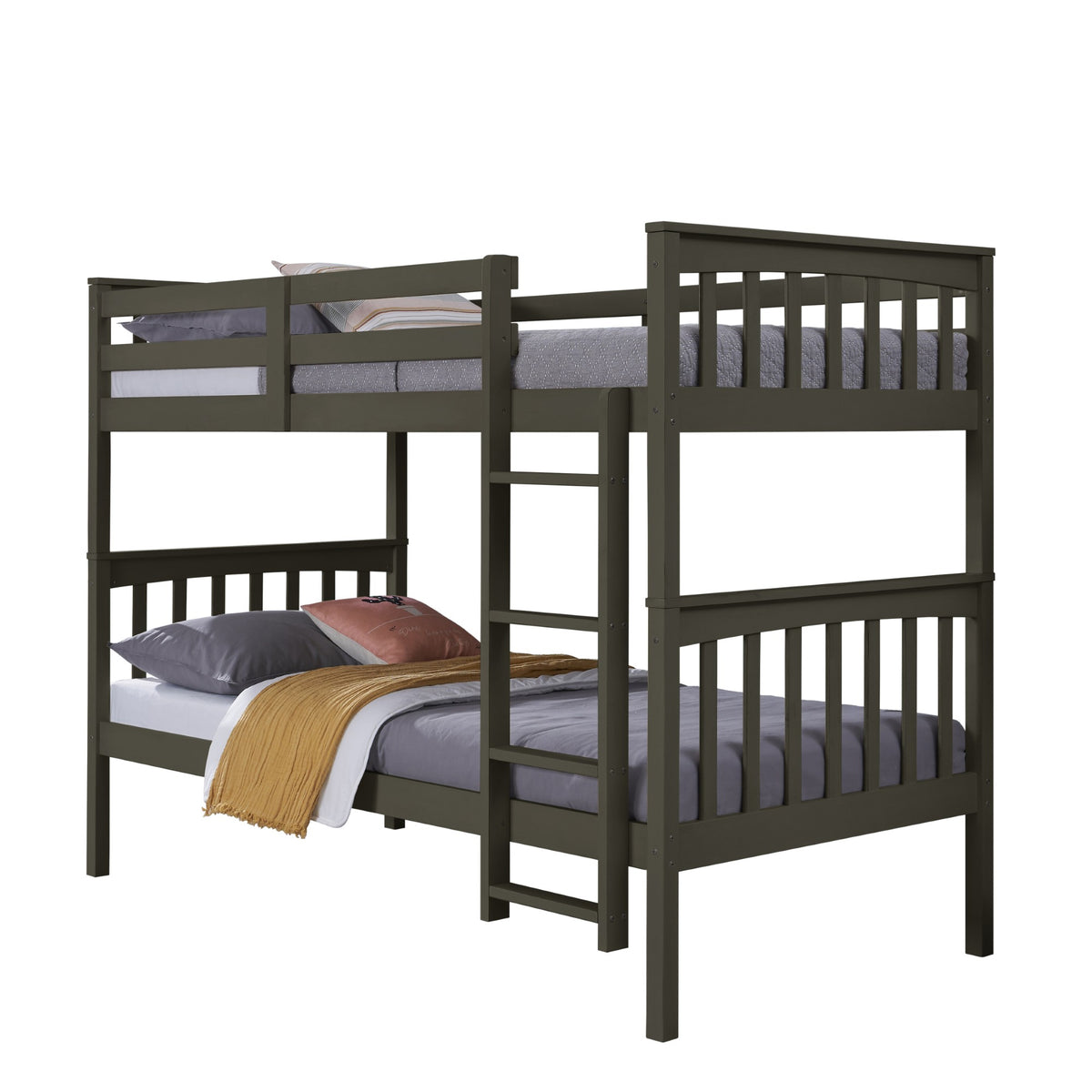 Home Design Ames Twin Over Twin Solid Wood Bunk Bed Frame, Convertible, Sturdy Guardrails, Easy Assembly