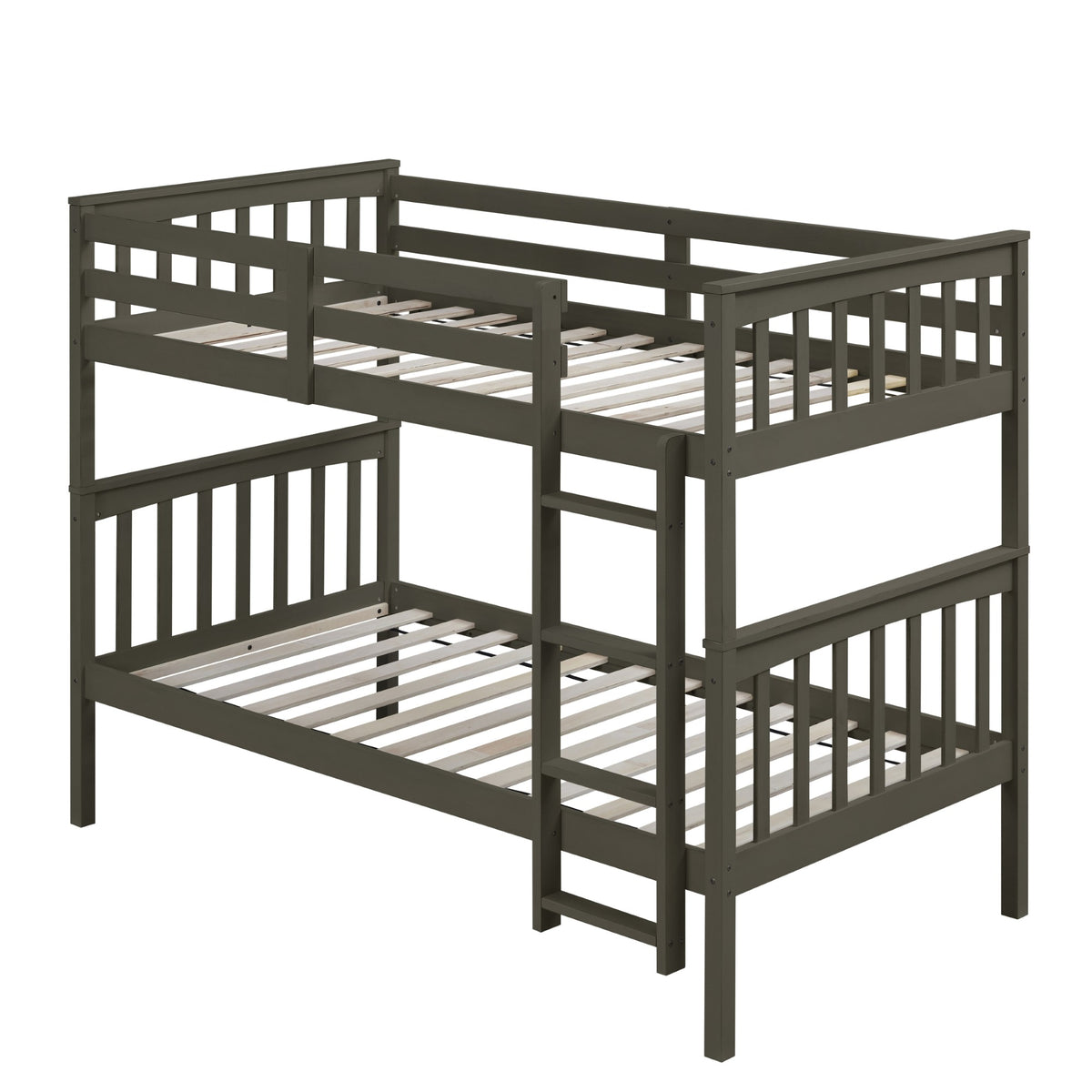Home Design Ames Twin Over Twin Solid Wood Bunk Bed Frame, Convertible, Sturdy Guardrails, Easy Assembly