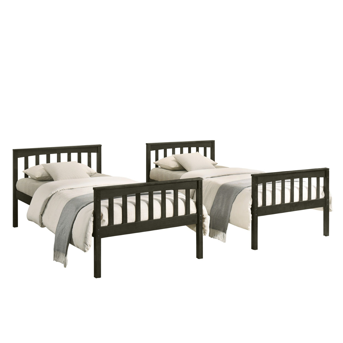 Home Design Ames Twin Over Twin Solid Wood Bunk Bed Frame, Convertible, Sturdy Guardrails, Easy Assembly