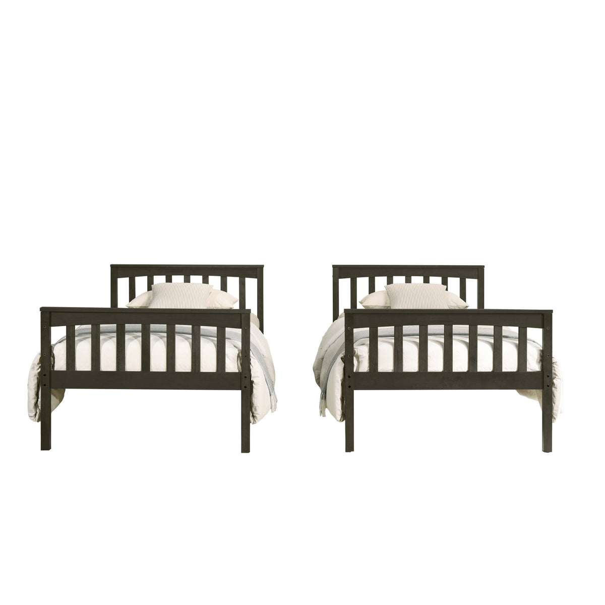 Home Design Ames Twin Over Twin Solid Wood Bunk Bed Frame, Convertible, Sturdy Guardrails, Easy Assembly