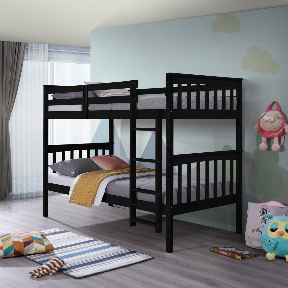 Home Design Ames Twin Over Twin Solid Wood Bunk Bed Frame, Convertible, Sturdy Guardrails, Easy Assembly